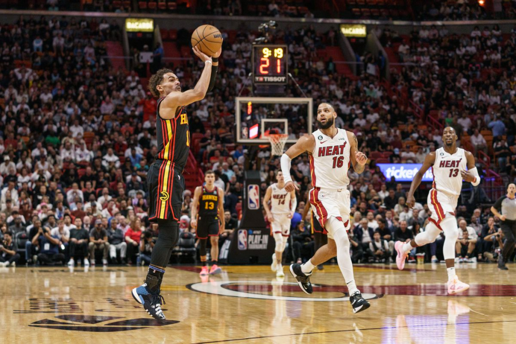 Trae Young jumper as Miami watches. Image Via PeachTree Hoops